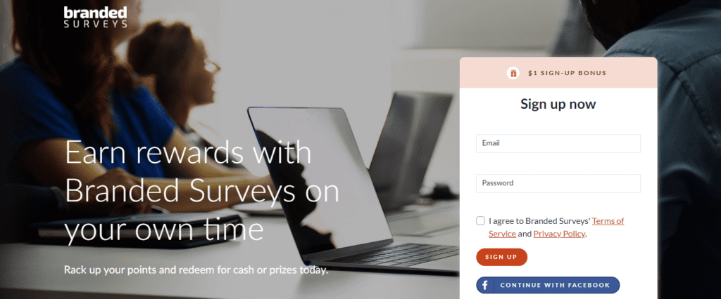 Branded Surveys sign-up page with bonus