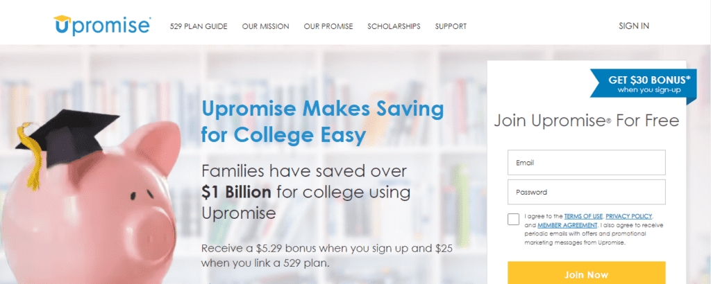 Upromise sign-up page with bonus